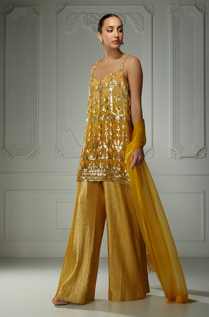 Mustard Ombré Matt Leaf Embroidery Sequin Kurta Set