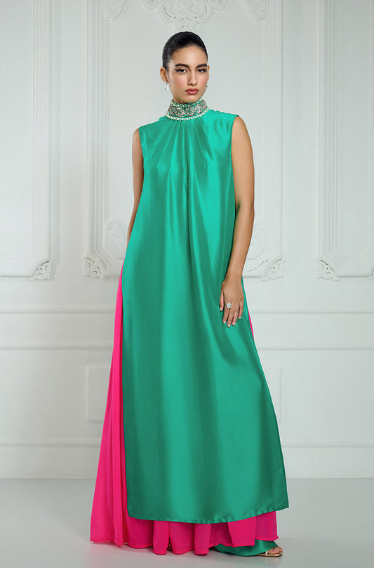 Green-Fuschia Long Straight Sleeveless Kurta Set