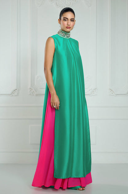 Green-Fuschia Long Straight Sleeveless Kurta Set