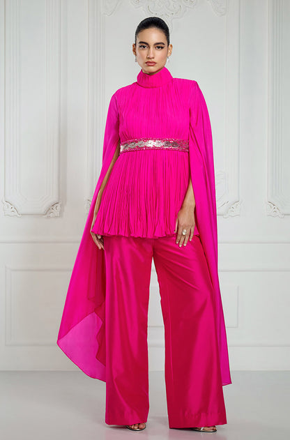 Magenta Pleated Kurta with Elongated Sleeves Set