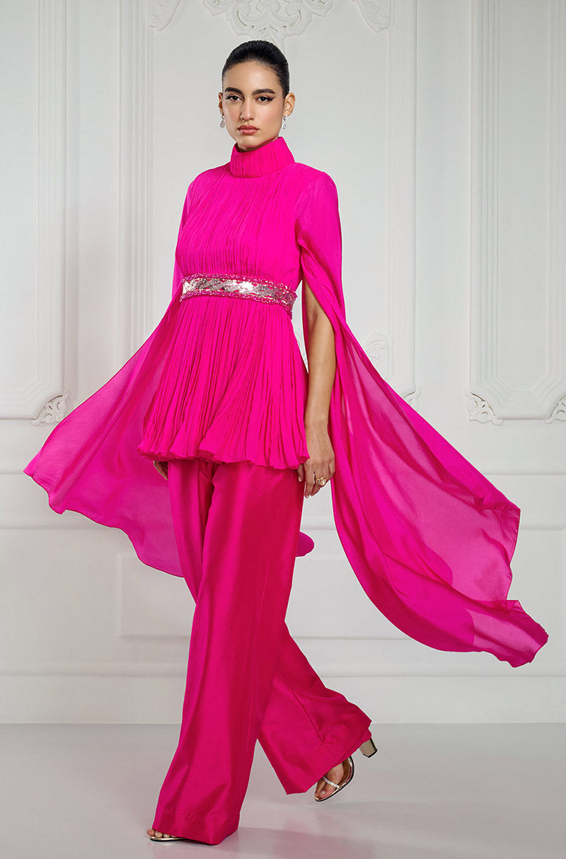 Magenta Pleated Kurta with Elongated Sleeves Set
