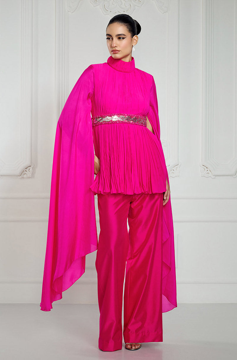 Magenta Pleated Kurta with Elongated Sleeves Set