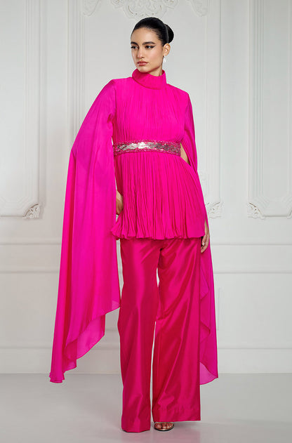 Magenta Pleated Kurta with Elongated Sleeves Set