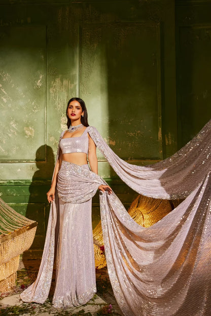 Oyster Sequin Stitched Saree