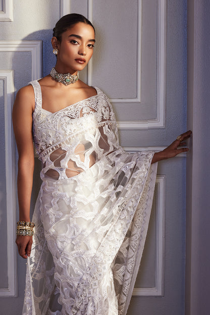 Ivory Tulle Kashimiri Embroidered Saree Set