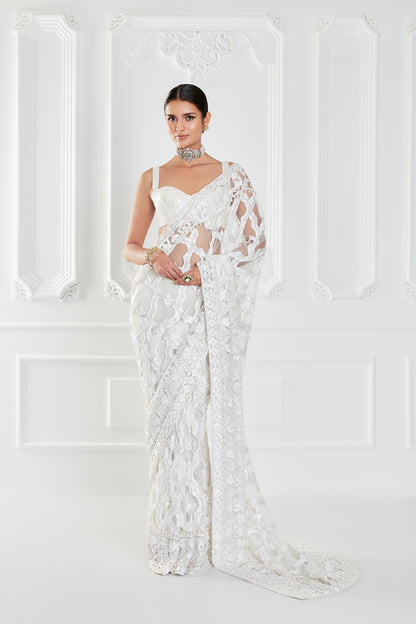 Ivory Tulle Kashimiri Embroidered Saree Set