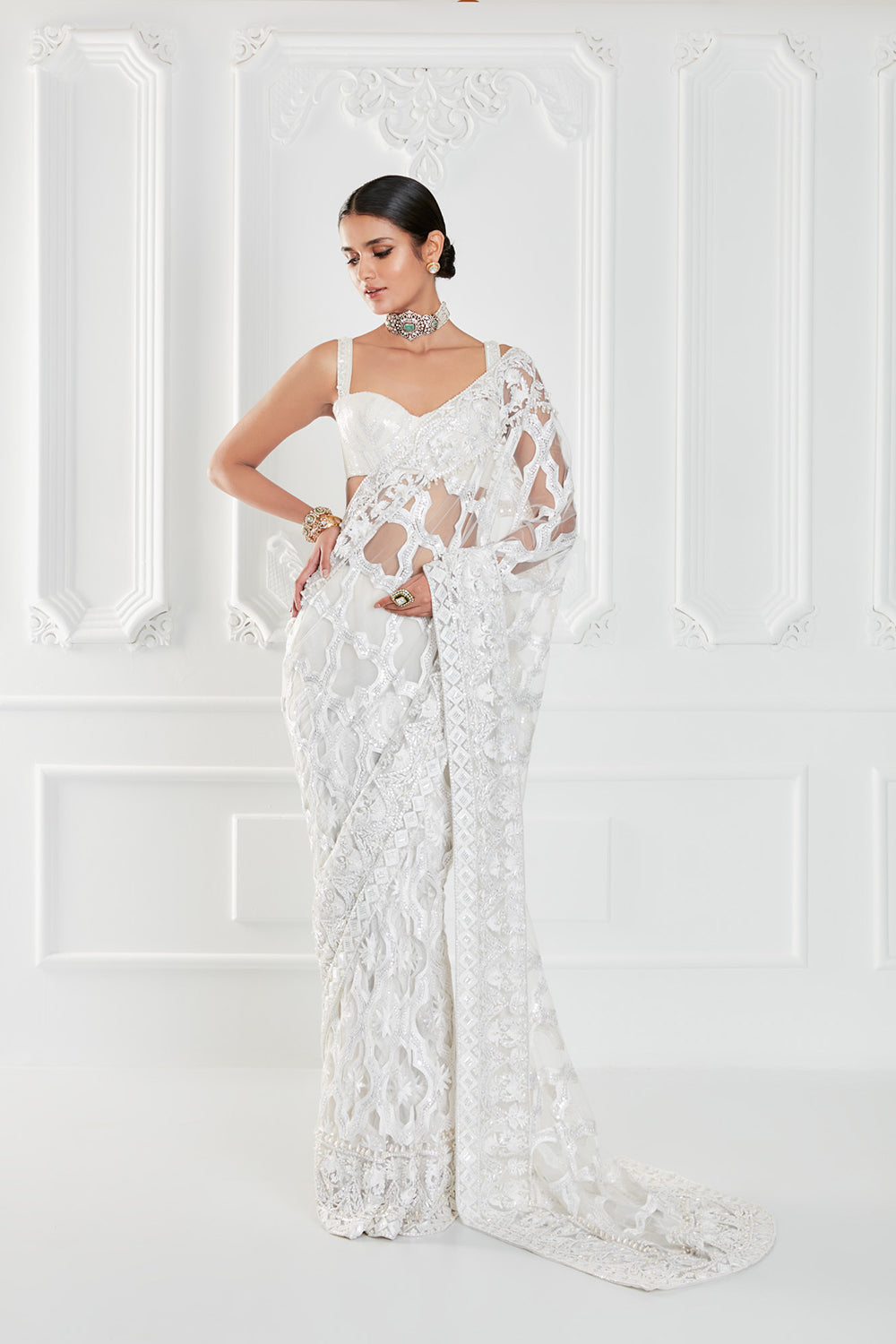 Ivory Tulle Kashimiri Embroidered Saree Set