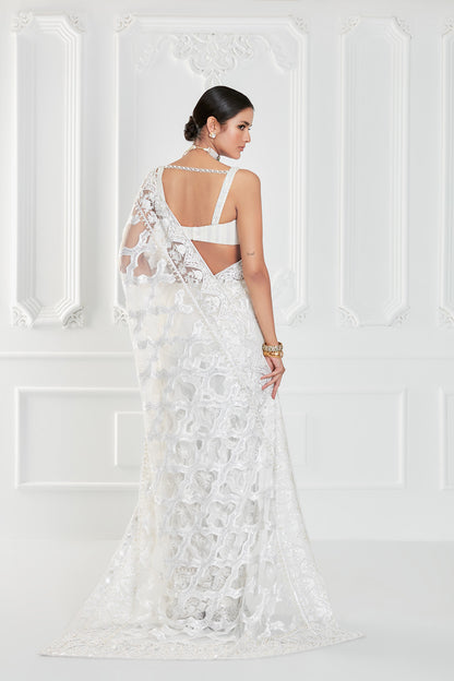 Ivory Tulle Kashimiri Embroidered Saree Set