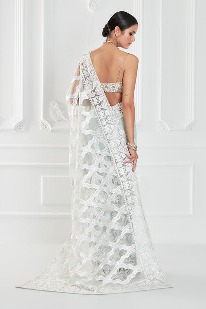 Powder Blue Tulle Kashmiri Embroidered Saree Set