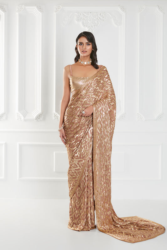 Mocha Georgette Sequins Embroidered Saree Set