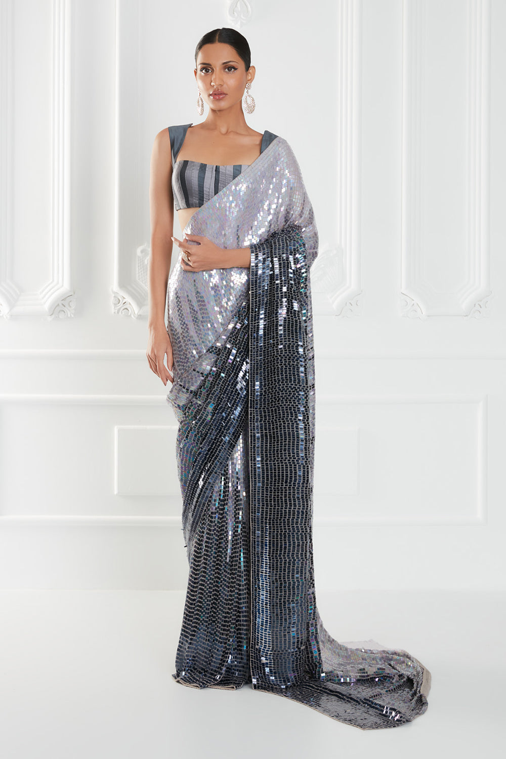 Silver OmbrÃ© Georgette Sequins Saree Set