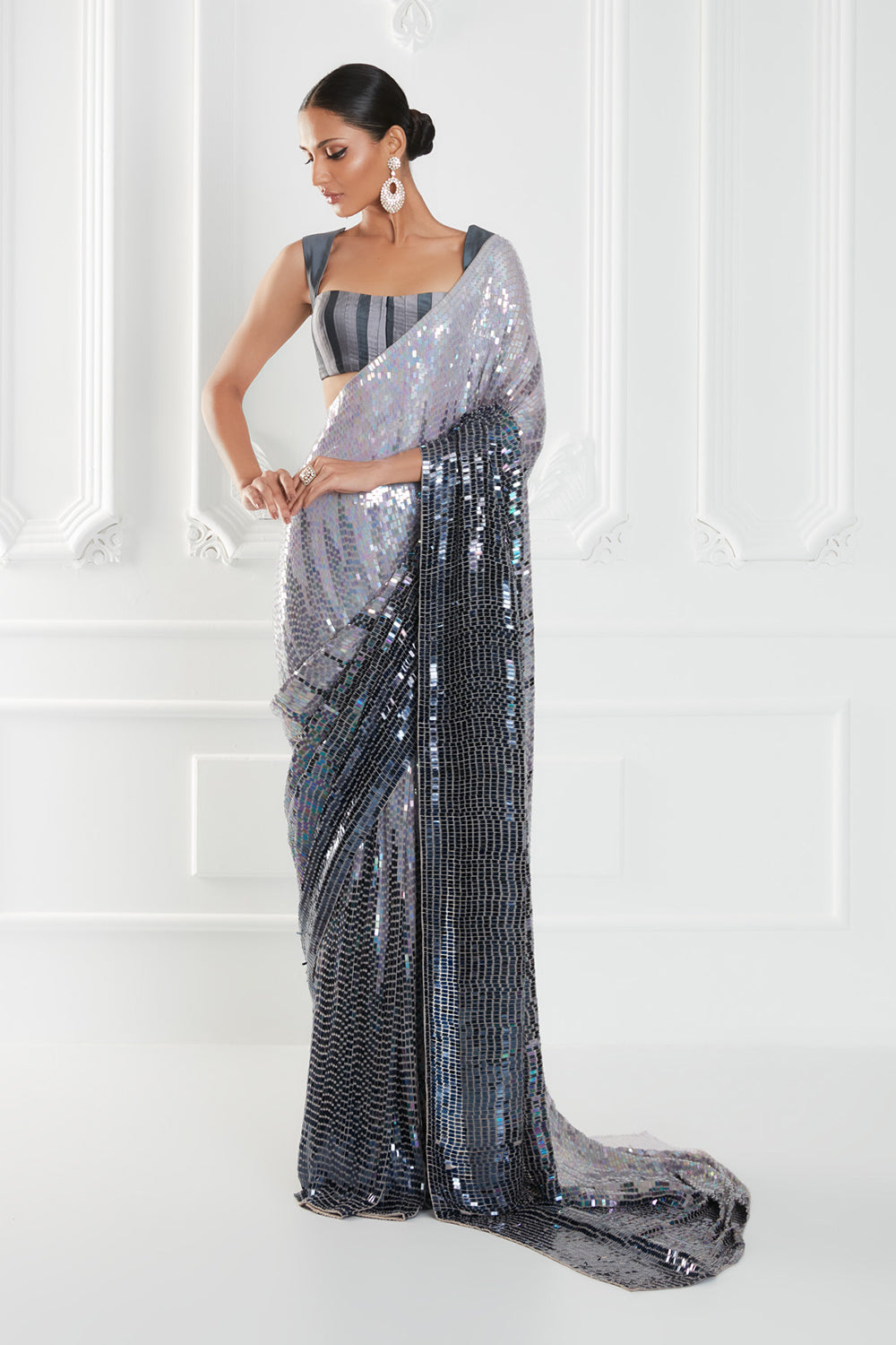 Silver OmbrÃ© Georgette Sequins Saree Set