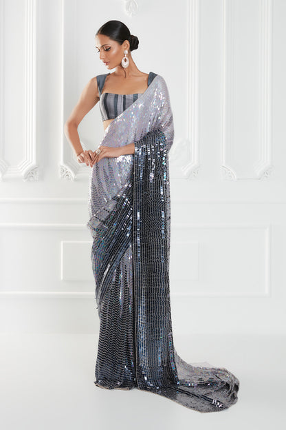 Silver OmbrÃ© Georgette Sequins Saree Set