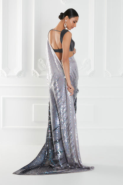Silver OmbrÃ© Georgette Sequins Saree Set