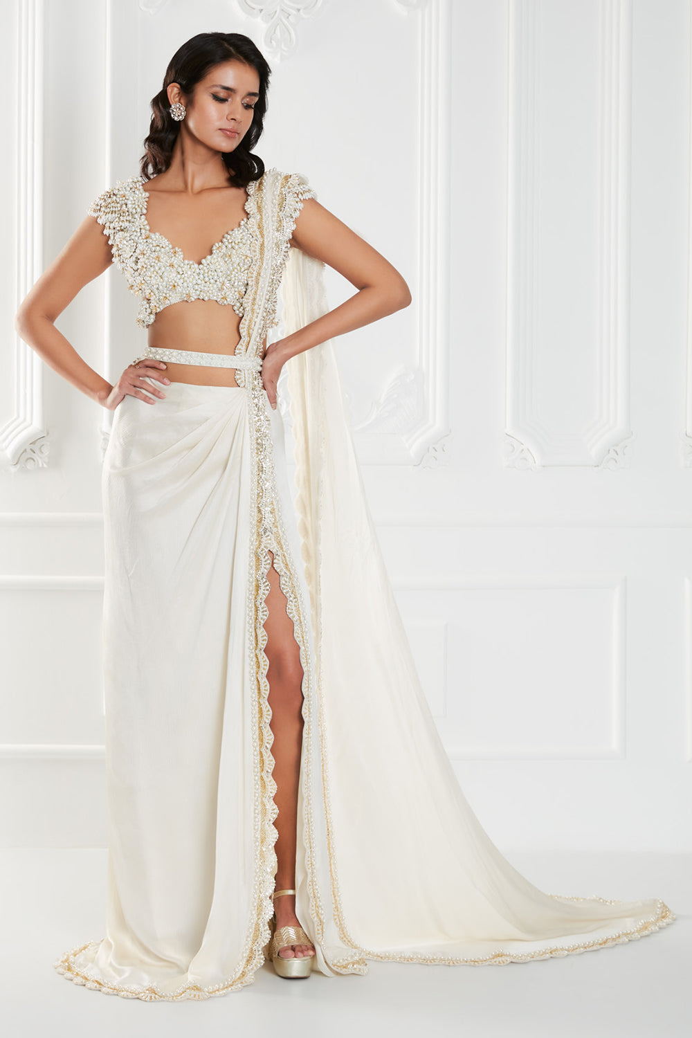 Ivory Stitched Slit Saree Set