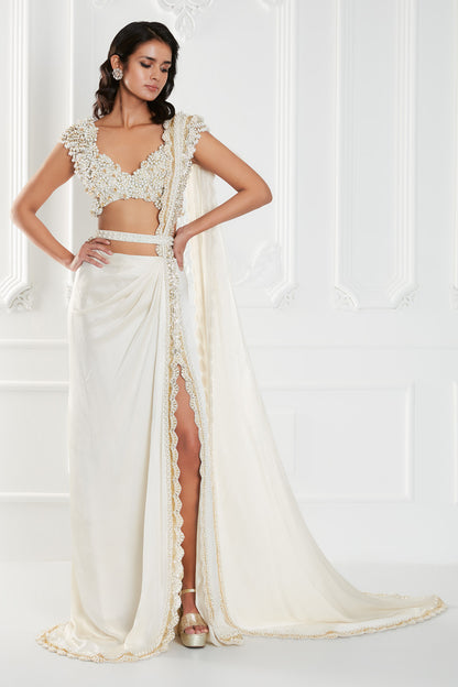 Ivory Stitched Slit Saree Set