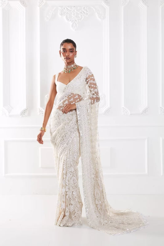 Ivory Net Kashmiri Embroidered Saree Set