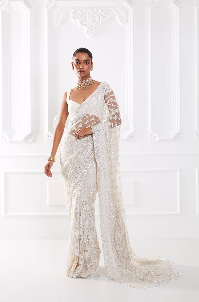 Ivory Net Kashmiri Embroidered Saree Set