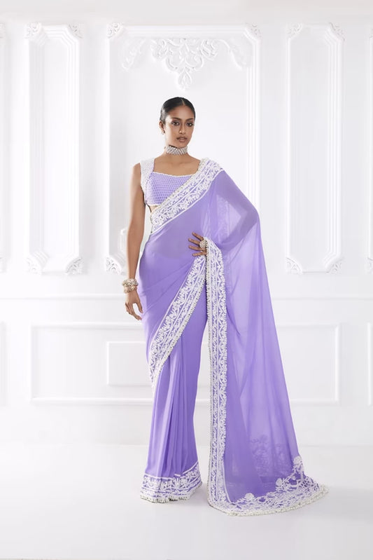 Lavender Dori Embroidered Saree Set