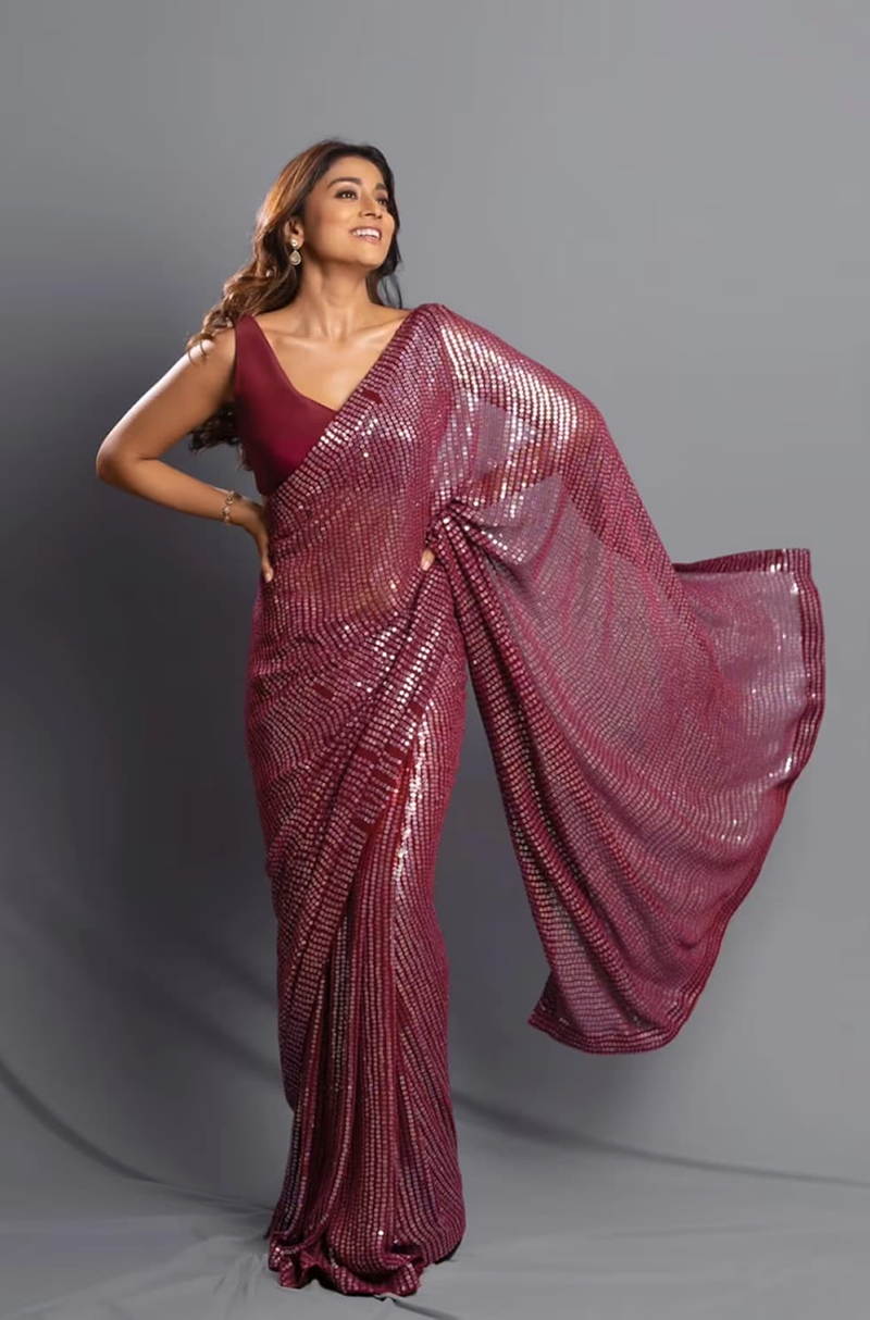 Shriya Saran in our Wine Plum Sequins Saree Set