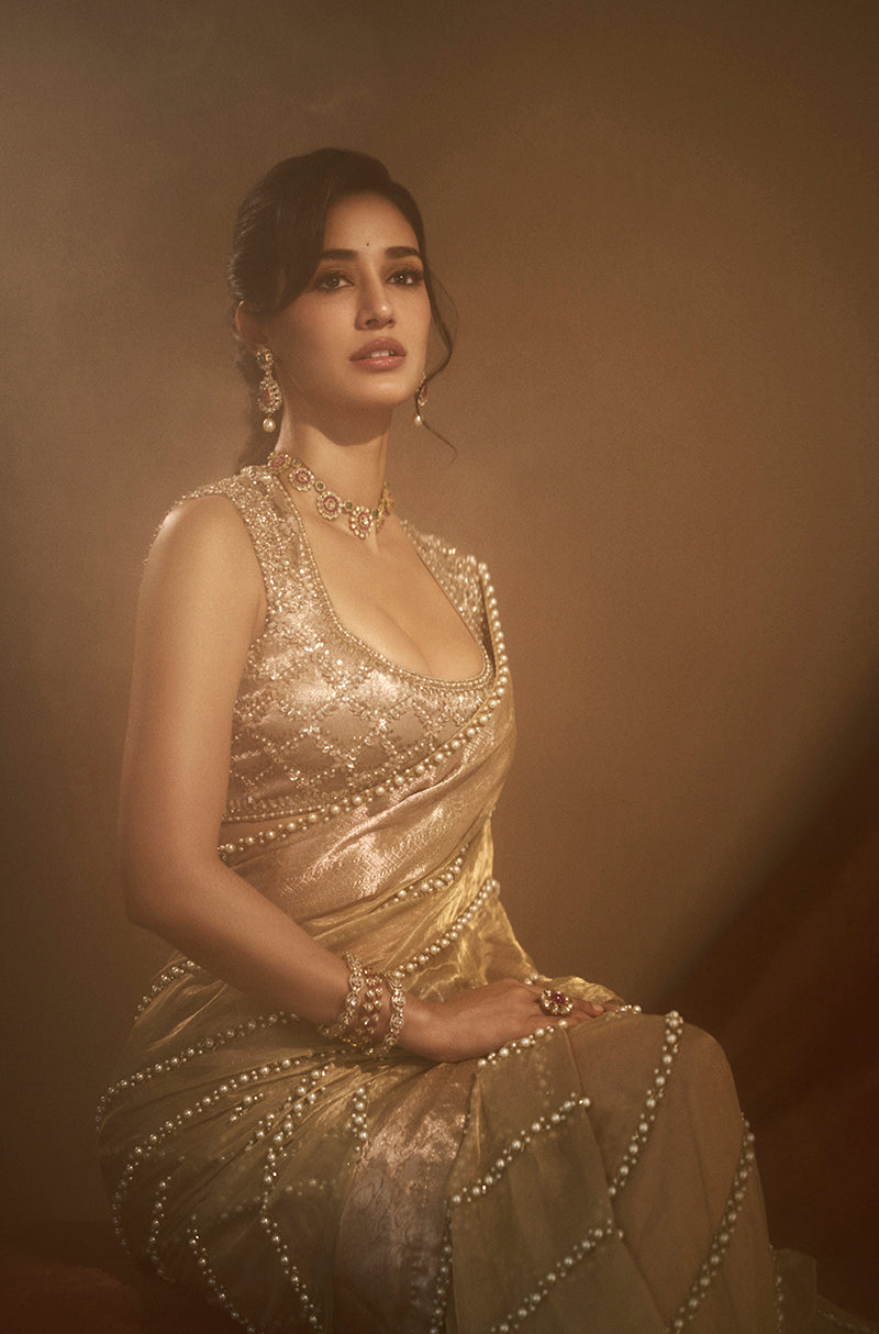 Disha Patni in our Gold Tissue Pearl Embellished Saree Set