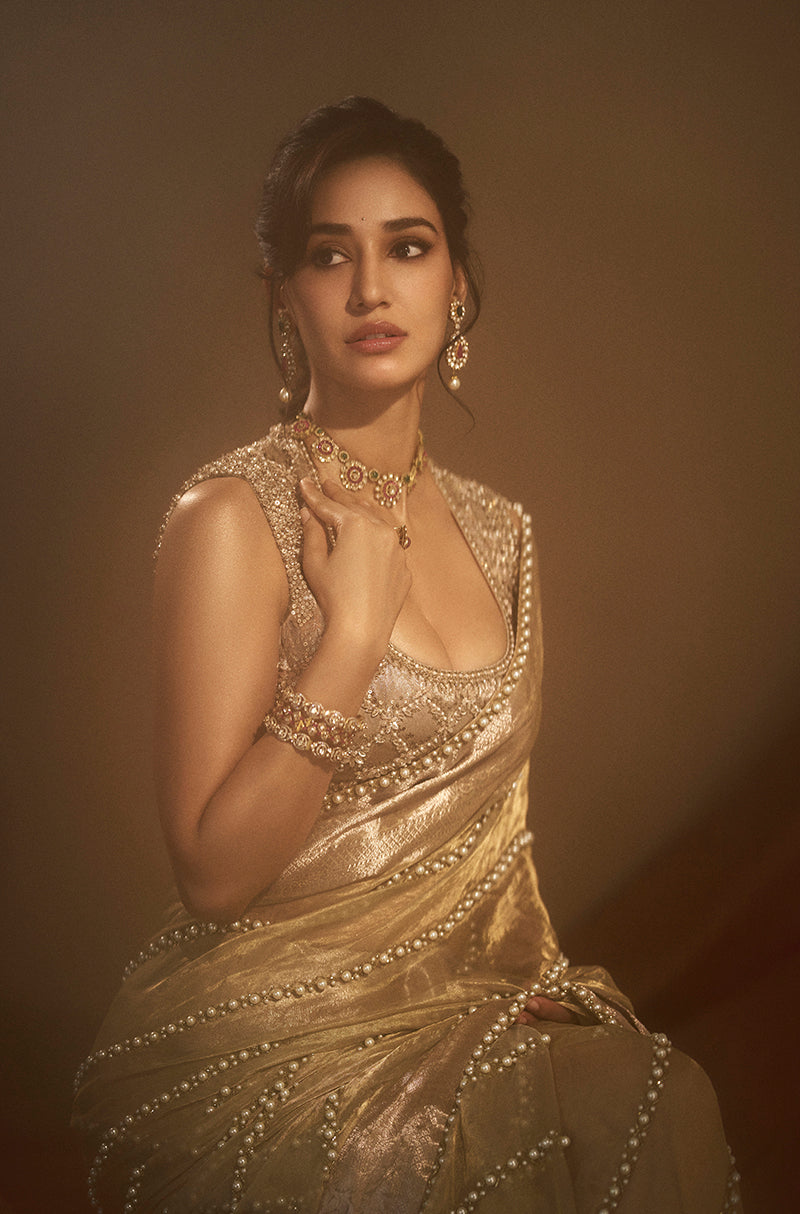Disha Patni in our Gold Tissue Pearl Embellished Saree Set