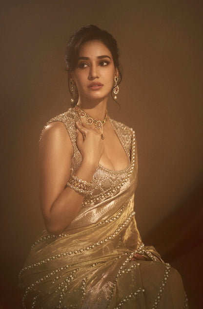 Disha Patni in our Gold Tissue Pearl Embellished Saree Set