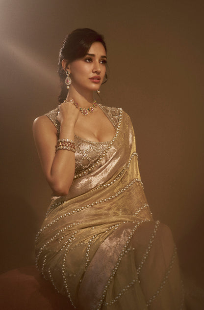 Disha Patni in our Gold Tissue Pearl Embellished Saree Set