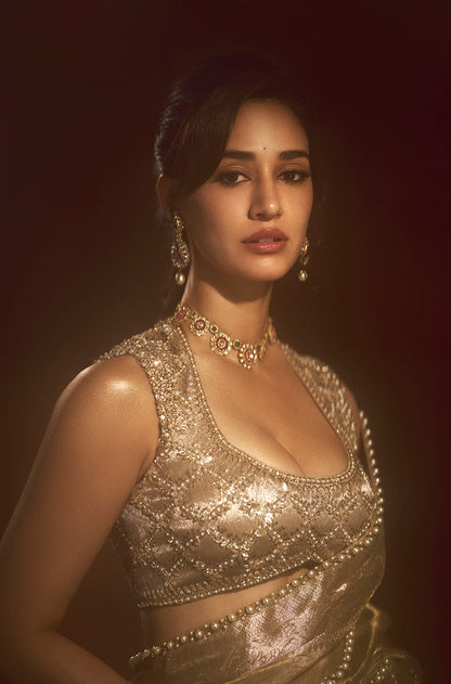 Disha Patni in our Gold Tissue Pearl Embellished Saree Set