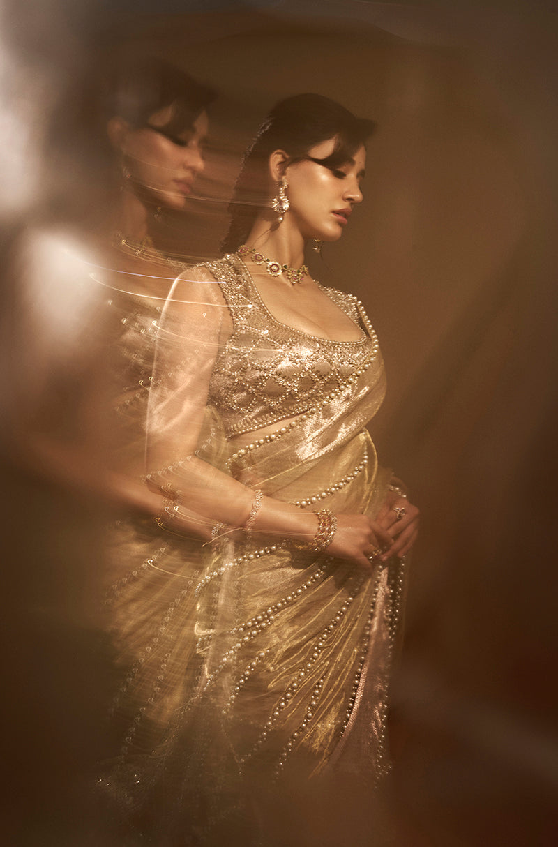 Disha Patni in our Gold Tissue Pearl Embellished Saree Set