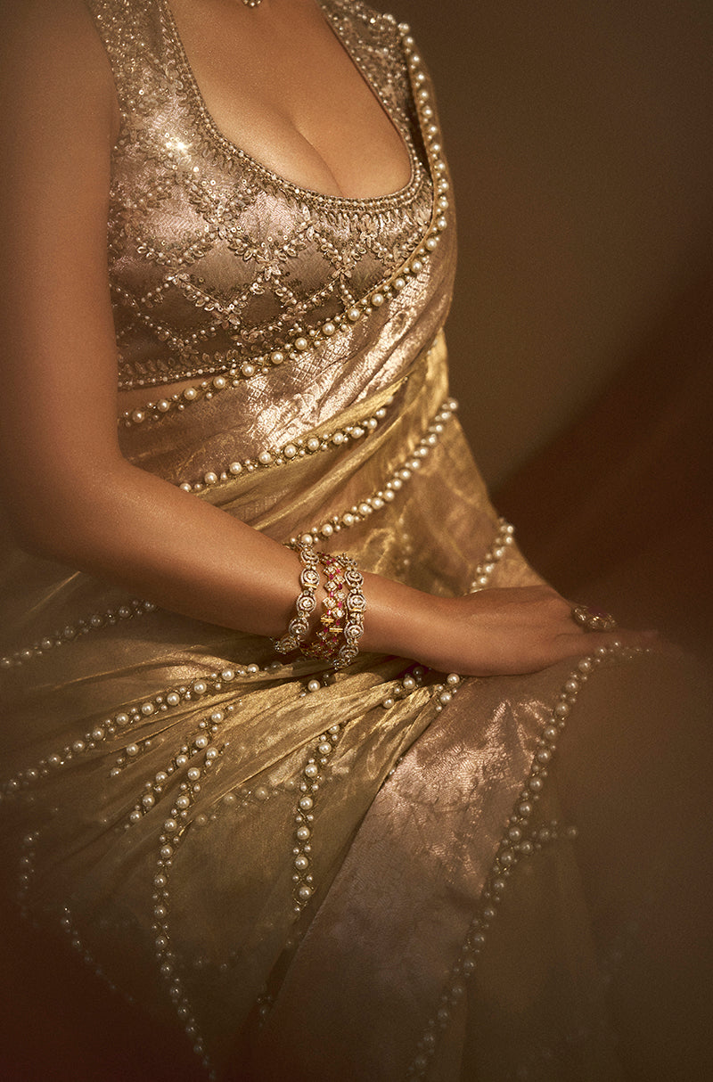 Disha Patni in our Gold Tissue Pearl Embellished Saree Set