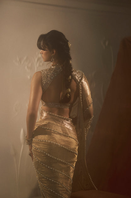 Disha Patni in our Gold Tissue Pearl Embellished Saree Set