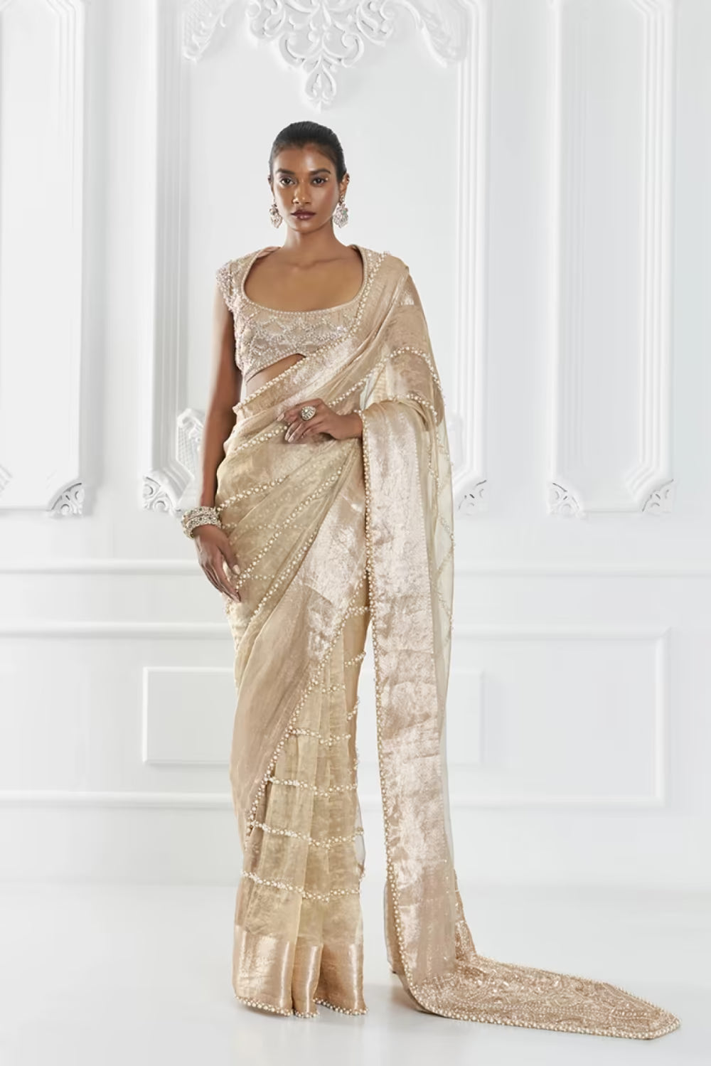 Gold Tissue Pearl Saree Set