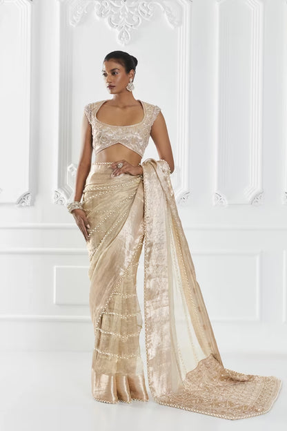 Gold Tissue Pearl Saree Set