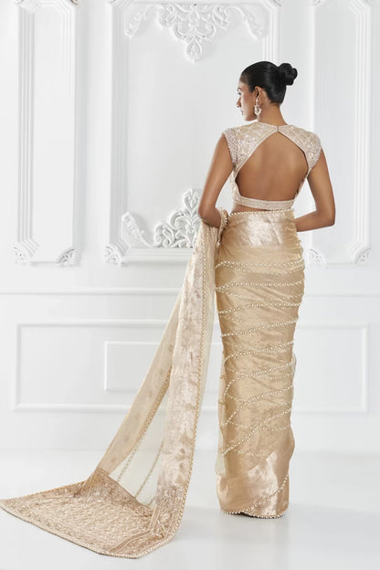 Gold Tissue Pearl Saree Set