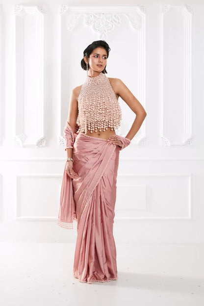 Salmon Satin Saree Set