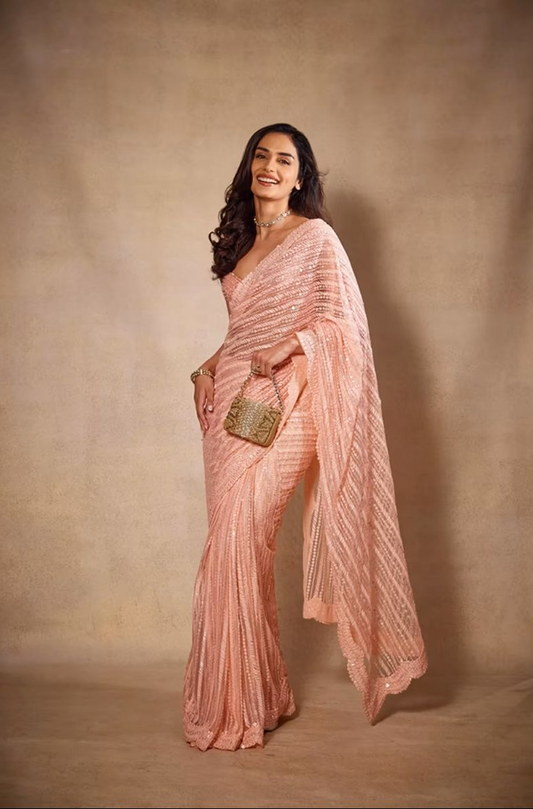 Manushi Chhillar in Pink Taban Sequin Saree Set