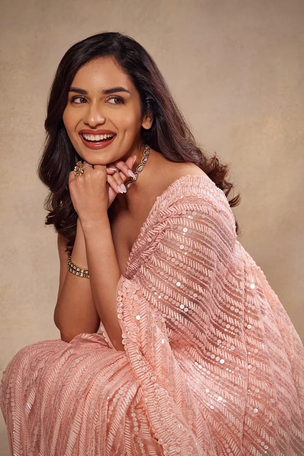 Manushi Chhillar in Pink Taban Sequin Saree Set