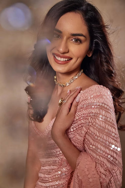 Manushi Chhillar in Pink Taban Sequin Saree Set