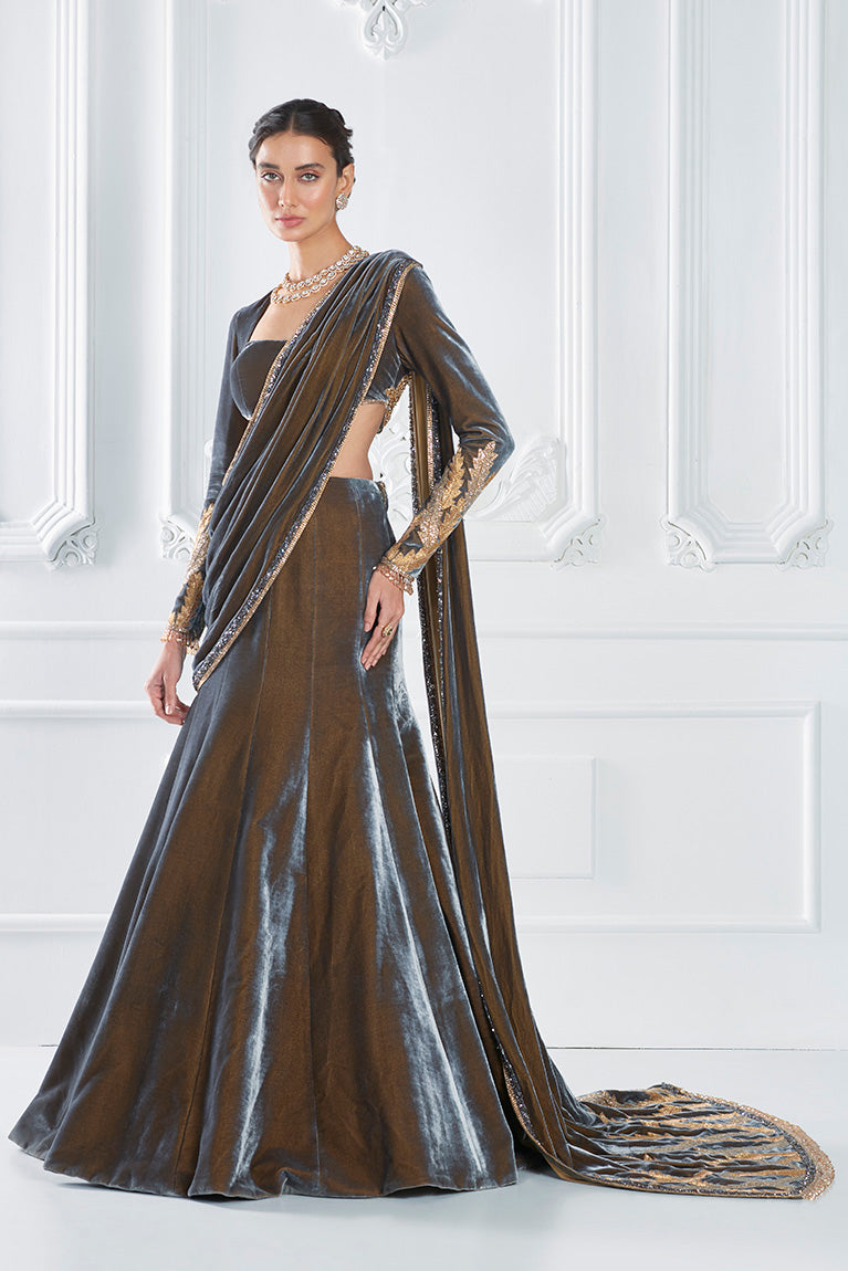 Grey Velvet Draped Saree Set