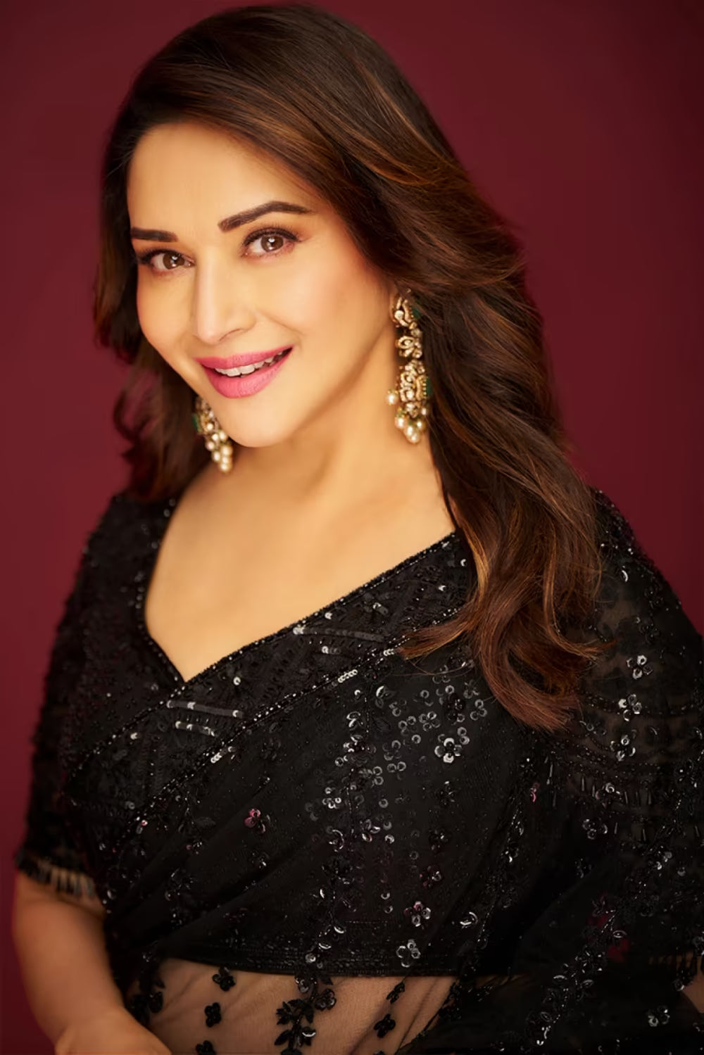 Madhuri Dixit Nene in Black Net Sequin Saree Set