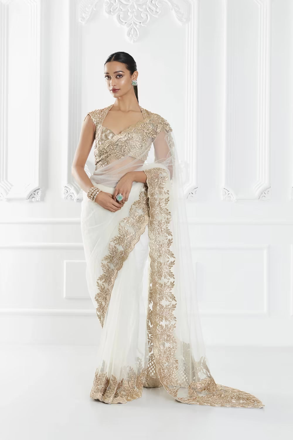 Ivory Embroidered Saree Set