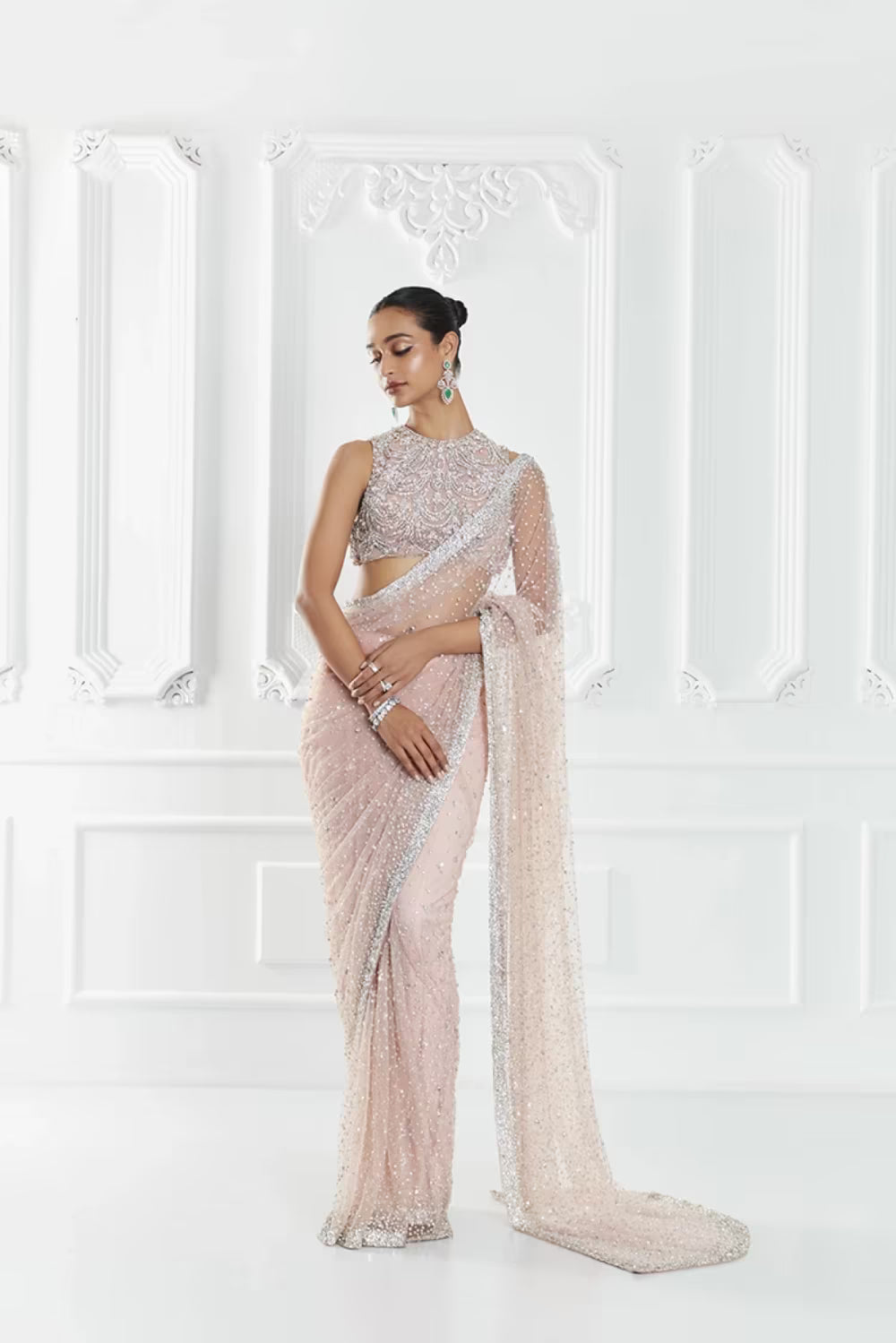 Blush Pink Pearl Embellished Saree Set