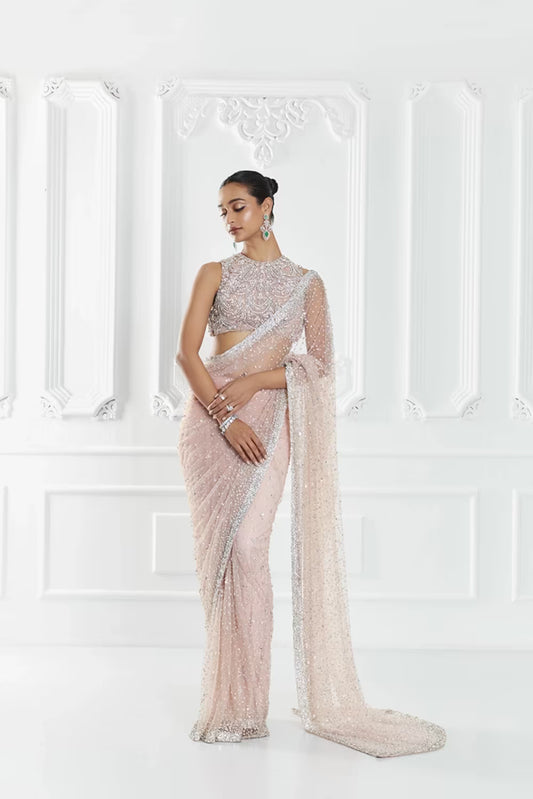 Blush Pink Pearl Embellished Saree Set