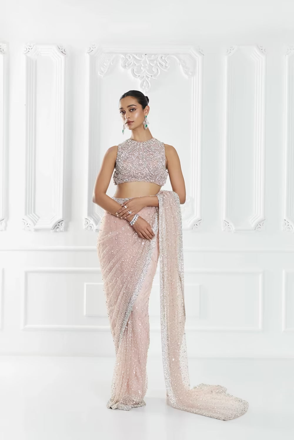 Blush Pink Pearl Embellished Saree Set