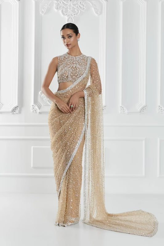 Beige Pearl Embellished Saree Set