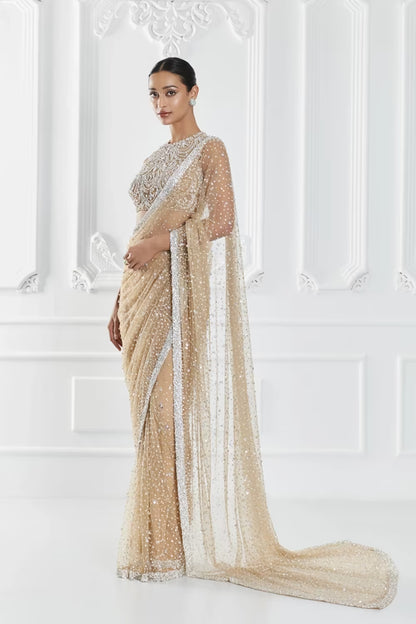 Beige Pearl Embellished Saree Set