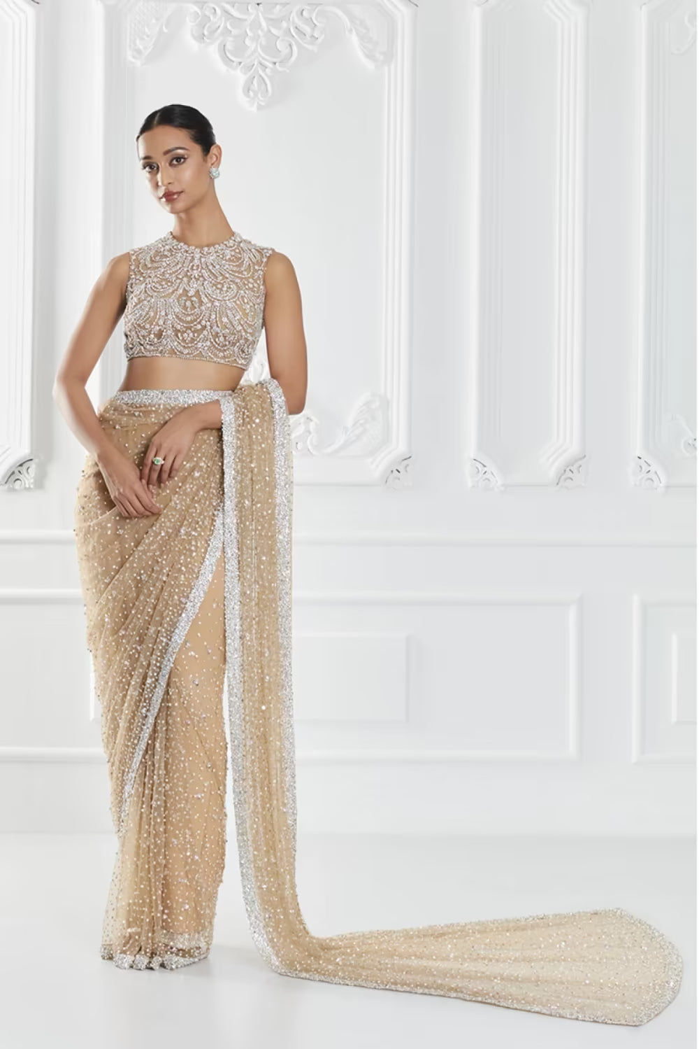 Beige Pearl Embellished Saree Set