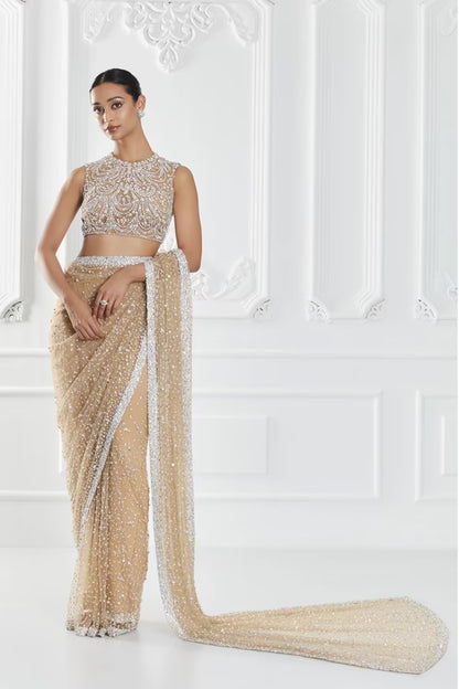 Beige Pearl Embellished Saree Set