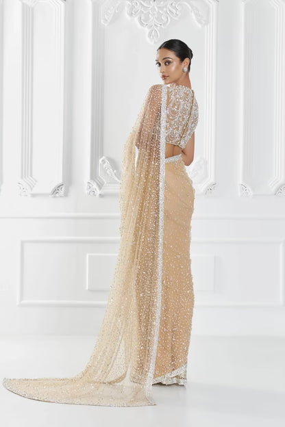 Beige Pearl Embellished Saree Set